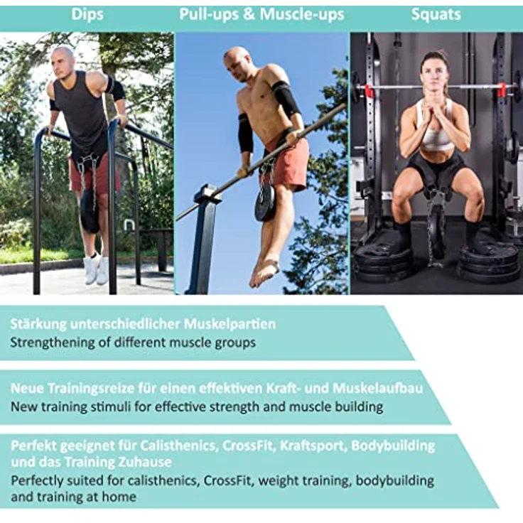 PULLUP & DIP Gürtel mit Kette und 3x Karabiner, Dip Gürtel inkl. Neopren Klappen als Kleiderschutz, Gewichtsgürtel, Weighted Belt, Klimmzug Gürtel für Calisthenics, Kraftsport, Bodybuilding – Bild 2