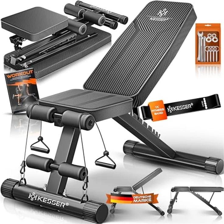 KESSER Klappbare Hantelbank Multifunktionale Trainingsbank mit Rückenlehne, 500kg Belastbarkeit, Carbon-Optik, verstellbar, inkl. Fitnessband für Ganzkörpertraining – Bild 1
