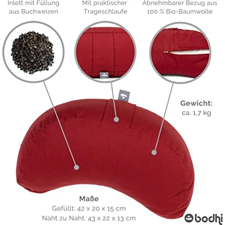 Bodhi Meditationskissen Halbmond | Yogi MOND ECO | Bezug aus 100% Bio-Baumwolle | Yogakissen halbmondförmig mit Buchweizenfüllung | Halbmondkissen für Yoga & Meditation | Bordeaux – Bild 3