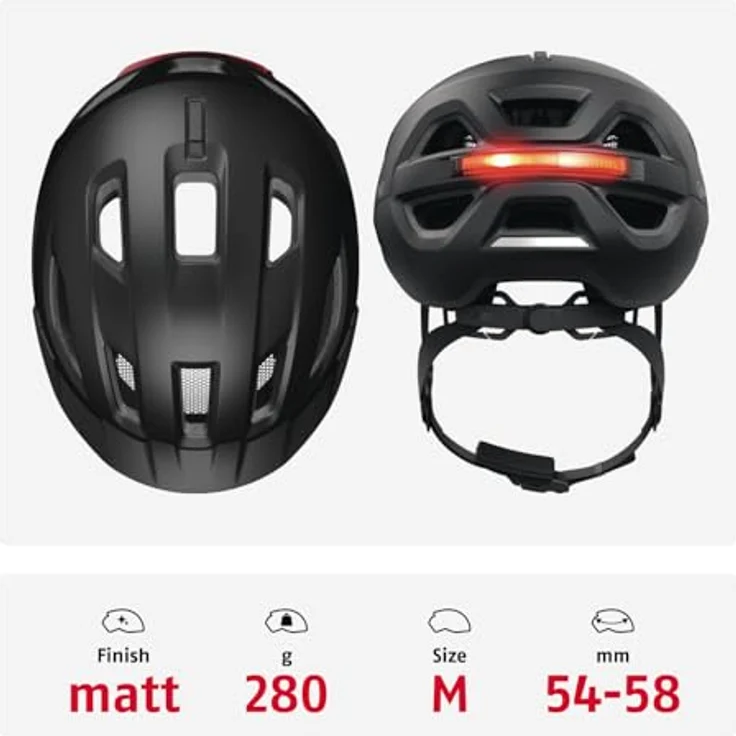 ABUS Stadthelm Urban-I 4.0 ACE, Fahrradhelm mit aufladbarem Rücklicht, 4 Leuchtmodi, Schirm, Zopf-Öffnung und magnetischem Verschluss, Größe M, schwarz – Bild 3