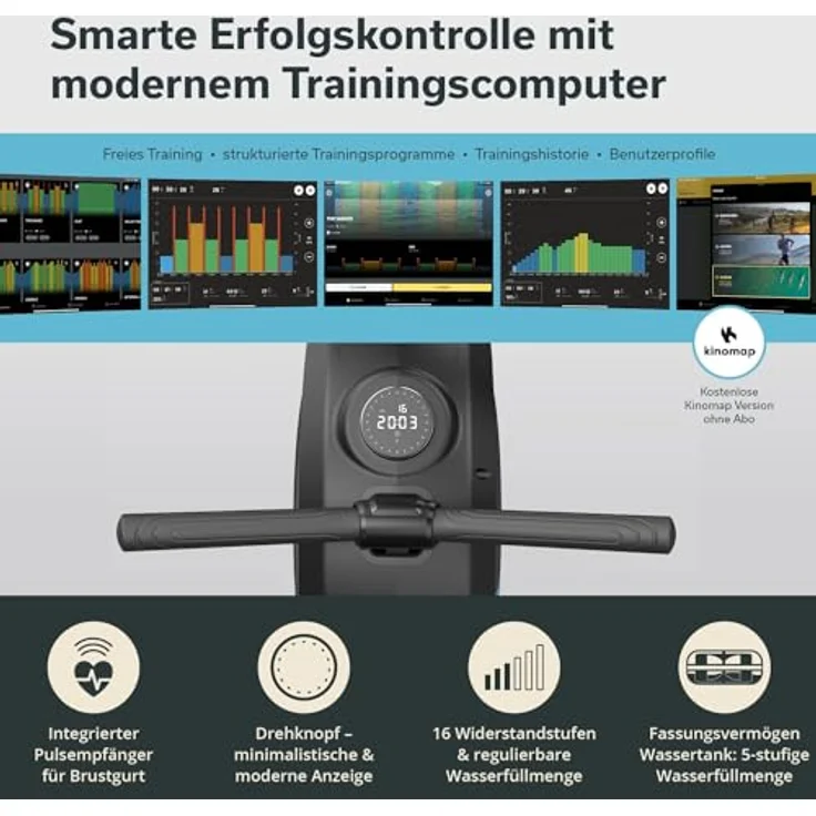 Skandika Rudergerät Nemo V Hybrid | Wasser und Magnetwiderstand kombiniert, 90° Tank, bis 200 cm & 150 kg, Kinomap App kompatibel, Bluetooth, aufstellbar | Wasserrudergerät für Zuhause – Bild 4