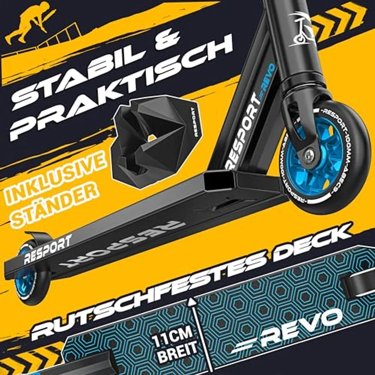 RE:SPORT® Stunt Scooter REVO, Profi Stuntroller für Kinder & Erwachsene mit Ständer, 100mm Polyurethanräder, Y-Bar, ABEC 9 Kugellager, Tretroller Trickroller – Bild 3
