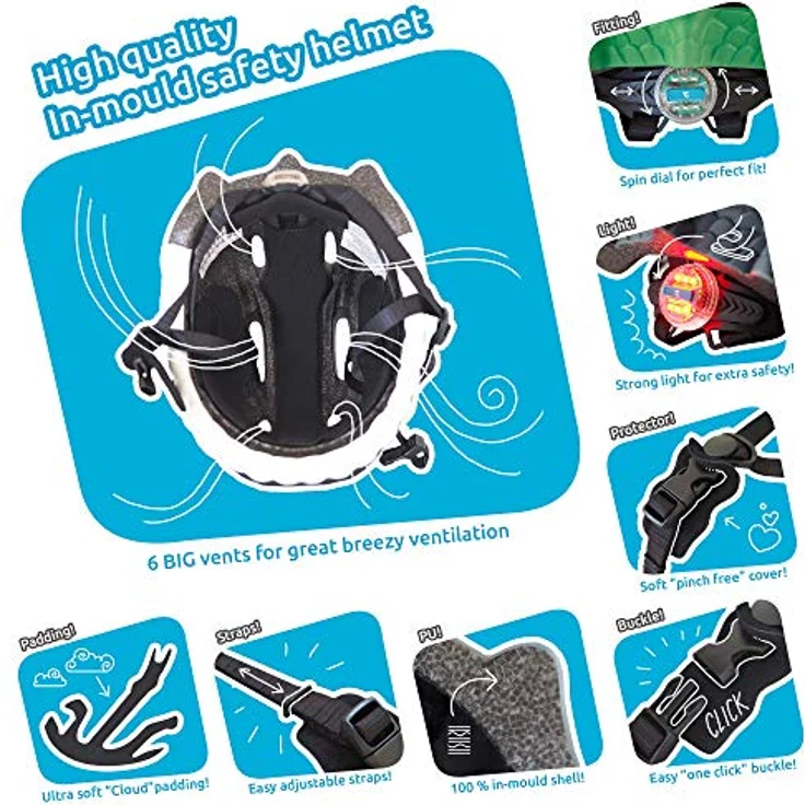 Crazy Safety Crocodile Fahrradhelm für Kinder, Grünes Krokodil, EN1078, mit LED-Licht und Belüftungssystem – Bild 3