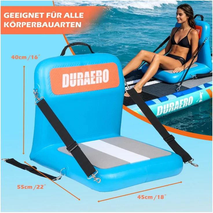 DURAERO Aufblasbarer Kajaksitz mit Rückenlehne, Zubehör-Set und Handpumpe, 55 × 45 × 40 cm