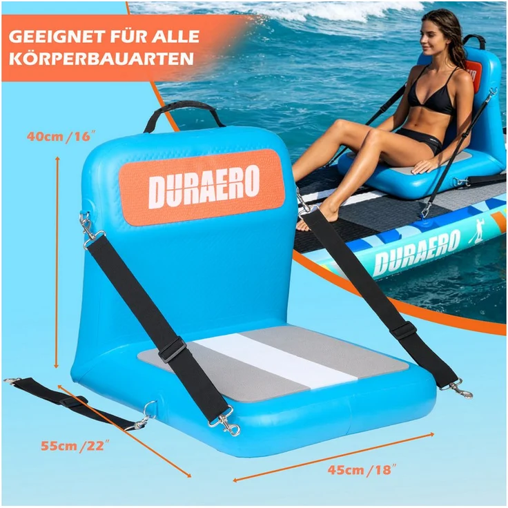 DURAERO Aufblasbarer Kajaksitz mit Rückenlehne, Zubehör-Set und Handpumpe, 55 × 45 × 40 cm