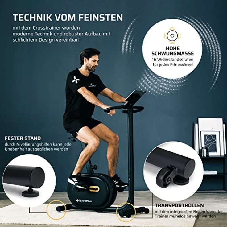 SportPlus Design Heimtrainer Fahrrad, Fitnessbike mit Magnetbreme & integrierte Herzfrequenz-Messung & Watt-Anzeige, 16 Widerstandsstufen, 21 Trainingsprogramme, bis 120kg – Bild 5