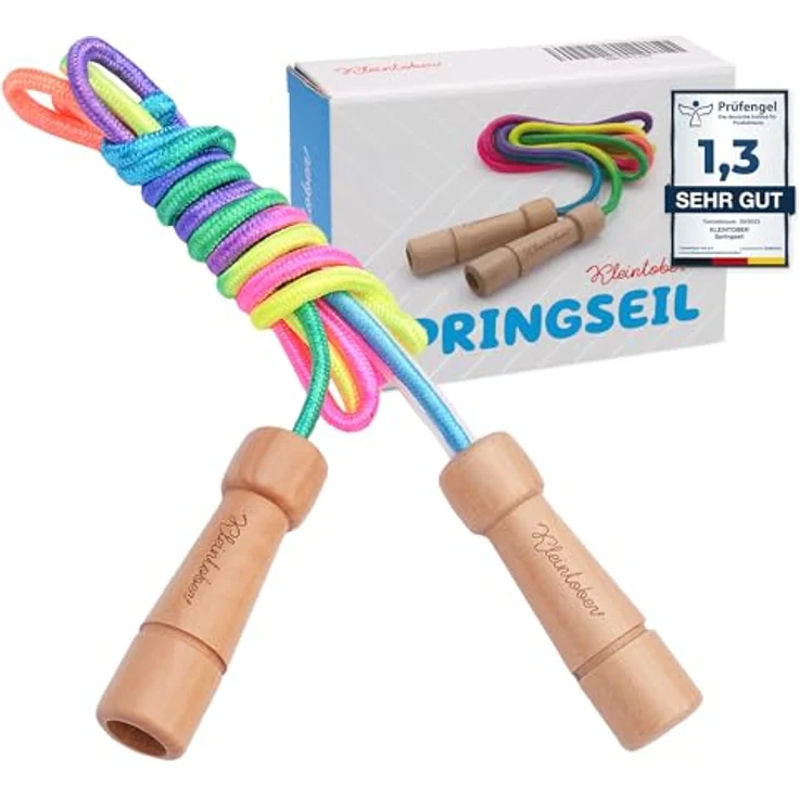 KLEINTOBER Premium Springseil Kinder, verstellbares Hüpfseil Set mit Mitteverstärker, 220 cm, Regenbogen, inklusive Anleitung und personalisierter Urkunde – Bild 1
