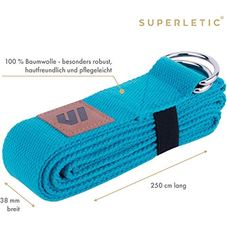 SUPERLETIC® Yogagurt, 250 cm Yoga Zubehör aus 100% Baumwolle mit Einstellbarer D-Ring-Schnalle und Elastischem Band – Bild 2