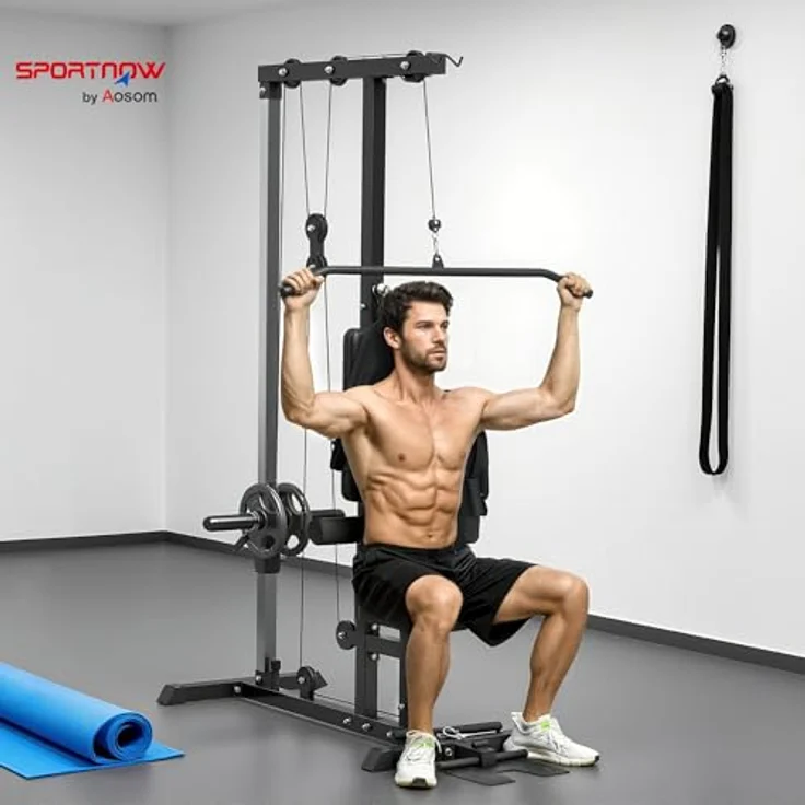 SPORTNOW Multifunktionale Kraftstation für Zuhause, Latzugturm mit Ruderzügen und Trizepsstange, bis 50 kg verstellbarer Widerstand, 140x108x197 cm, schwarz – Bild 2