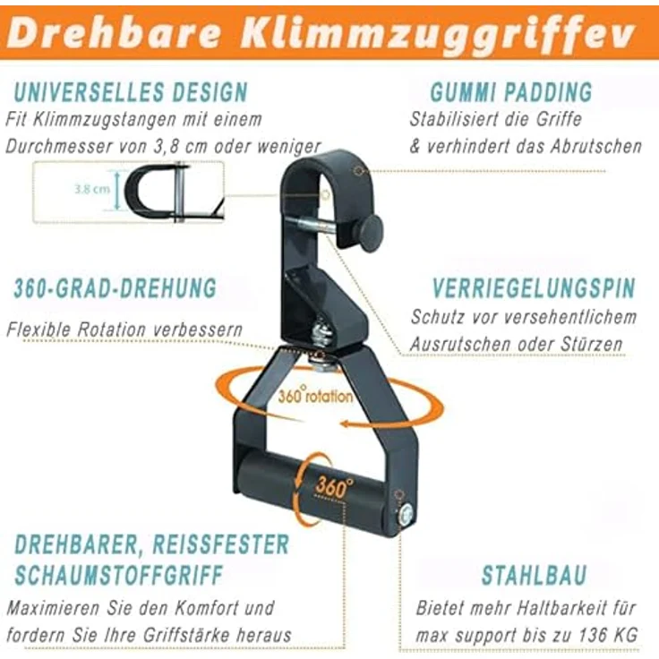 Yes4All Drehbare Klimmzuggriffe mit Rutschfesten Griffen und Schaumstoffpads - Dynamische Fitness Griffe befestigbar an Klimmzugstangen, Langhanteln, Latzug – Bild 3