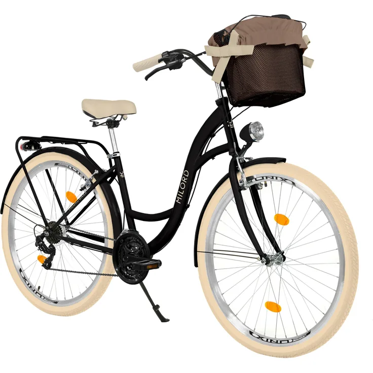 Milord Damenfahrrad Citybike 28 Zoll, 21-Gang, Komfort mit Metallkorb, schwarz-creme