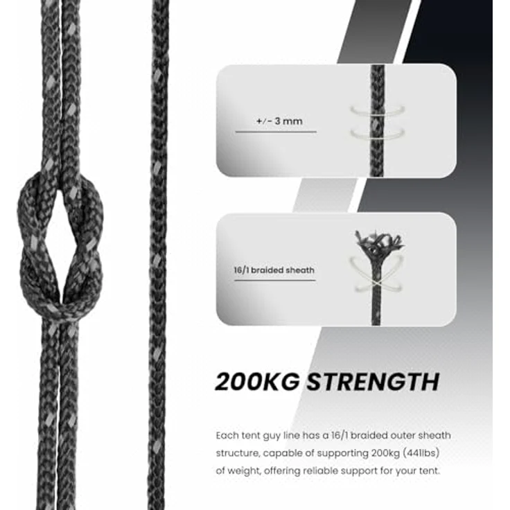 Abma Cord Abspannseile Zeltschnur, 6 Stück Seilspanner, 3mm Durchmesser, 30m Länge, reflektierende Schwarz, für Zelte und Camping – Bild 2