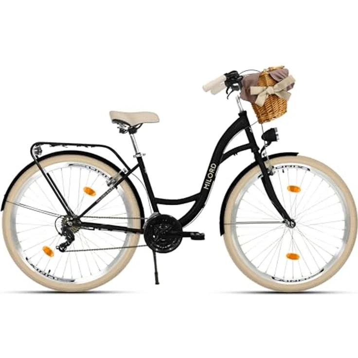 MILORD Damenfahrrad Citybike Komfort, 21-Gang, 28 Zoll, Schwarz-Creme mit Weidenkorb – Bild 2