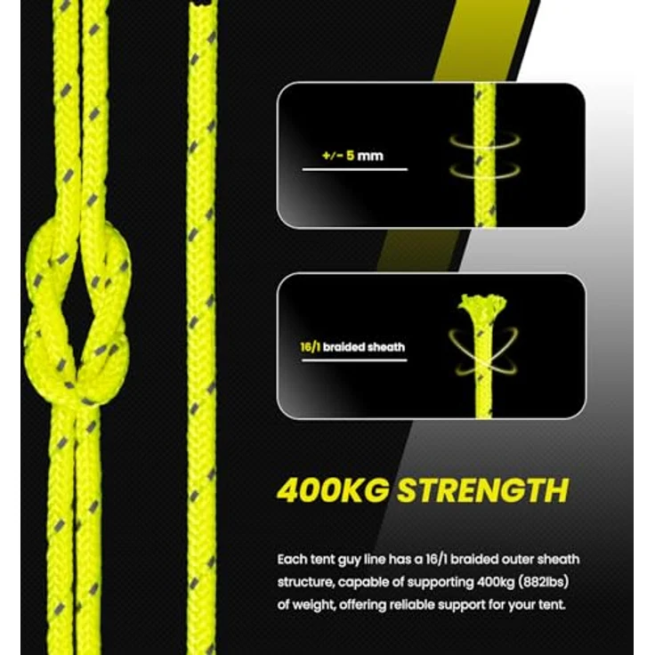 Abma Cord Abspannseile Zeltschnur, 30M elastisches Zeltseil mit 6 Seilspannern, 5mm Durchmesser, reflektierende Neon Gelb, 400 kg Bruchlast, UV-beständig für Camping und Outdoor – Bild 2