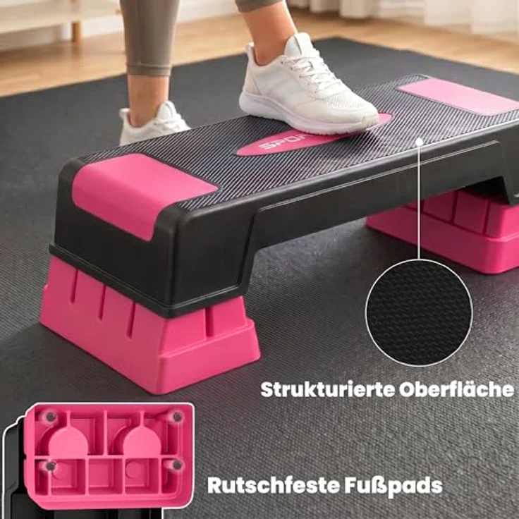 SPORTNOW Aerobic Stepper, 3-stufig verstellbar (12/17,5/22,5 cm), rutschfeste Matte, belastbar bis 250 kg, Schwarz+Rosa – Bild 4