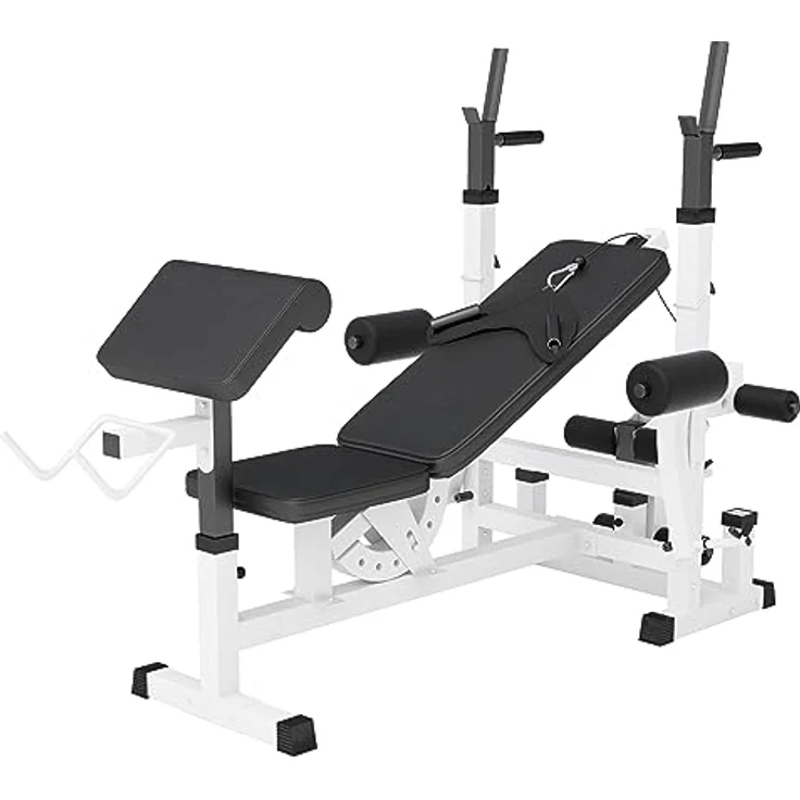 GORILLA SPORTS® Multifunktion Hantelbank - Verstellbar, mit Langhantel-Ablage, Curlpult und Butterfly, Dip-Station, Beincurler, Bankdrücken, Schwarz/Weiß - Trainingsbank, Kraftstation, Fitness Bank – Bild 1