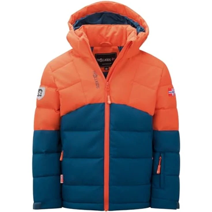 Trollkids Gryllefjord Isolationsjacke, warm wattiert, winddicht und wasserabweisend, deep orange/madeira blue, Größe 128 – Bild 1