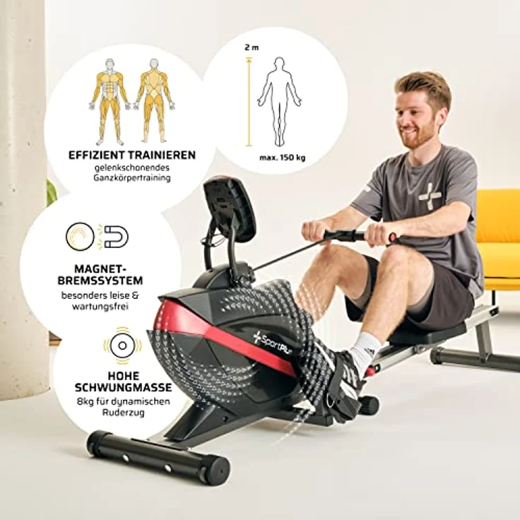 SportPlus| Rudergerät für zuhause| Designed in Germany, klappbar, leises Magnetbremssystem, 8 Widerstandsstufen, Schwungmasse 8kg – Bild 4