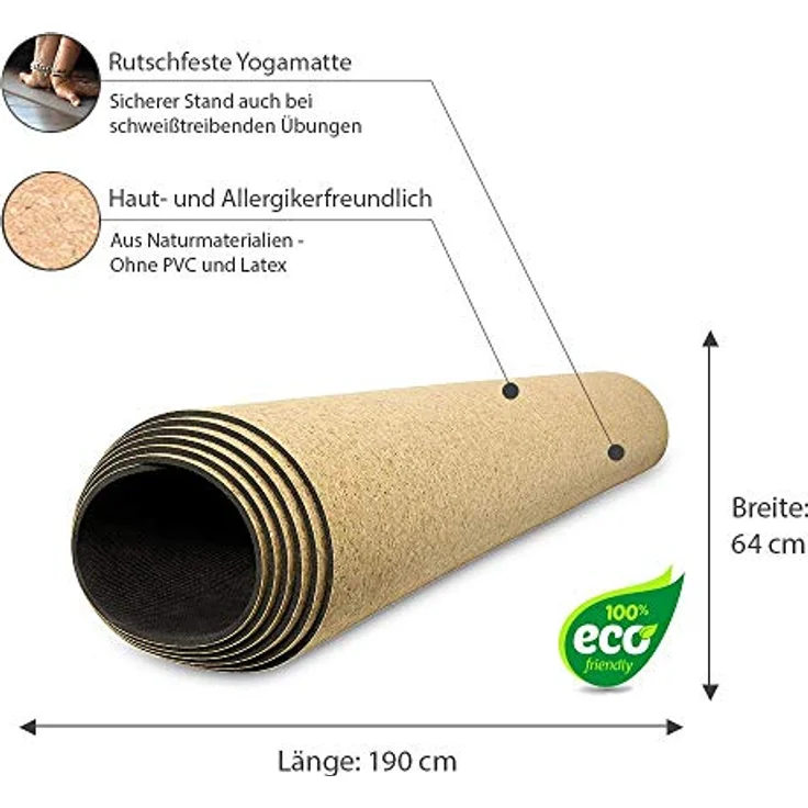 SAPURA XXL Yogamatte rutschfest - Kork und Naturkautschuk 190cm - Extra lang + Tragegurt + Umhängetasche Nachhaltig (Schwarz) – Bild 2