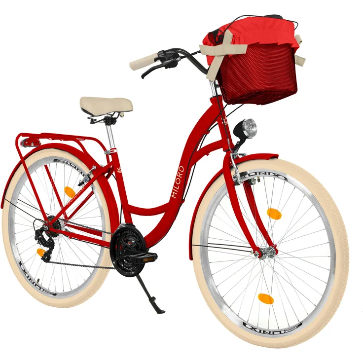 MILORD Damenfahrrad Citybike Komfort, 26 Zoll, 21-Gang, Metallkorb, Retro-Design, Rot