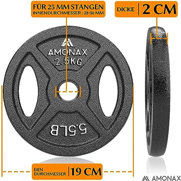 Amonax Hantelscheiben Set, 2,5kg, 5kg, 10kg Hantel Set für 25mm Gewichte Hantel Bar, Metall Hantelscheiben für Gewichtheben und Hip Thrust, hantelscheiben gusseisen für das Home Gym – Bild 4