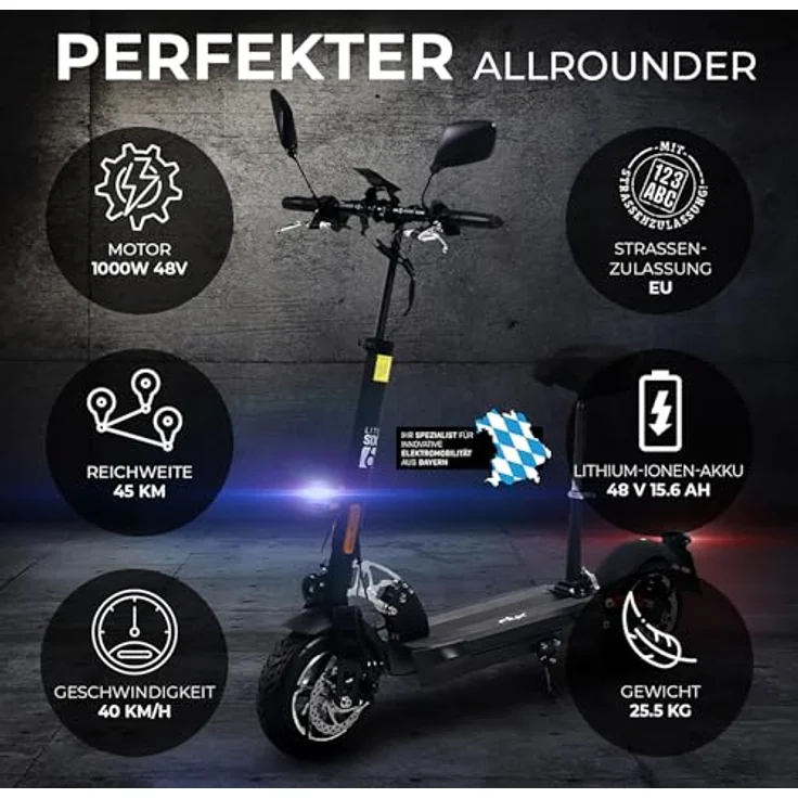 eFlux Lite Six, E-Scooter mit Straßenzulassung, 1000 Watt Motor, 48V 15,6Ah Lithium-Ionen-Akku, 45 km Reichweite, mit Sitz, 3 Geschwindigkeiten, Transportsperre – Bild 2