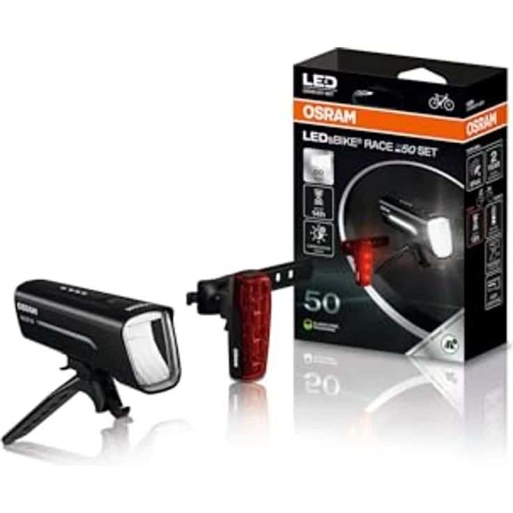 Osram Automotive LEDsBIKE RACE 50 SET, akkubetriebene Fahrradbeleuchtung mit 3 Helligkeitsstufen, 50 Lux, IP44, Schwarz – Bild 1
