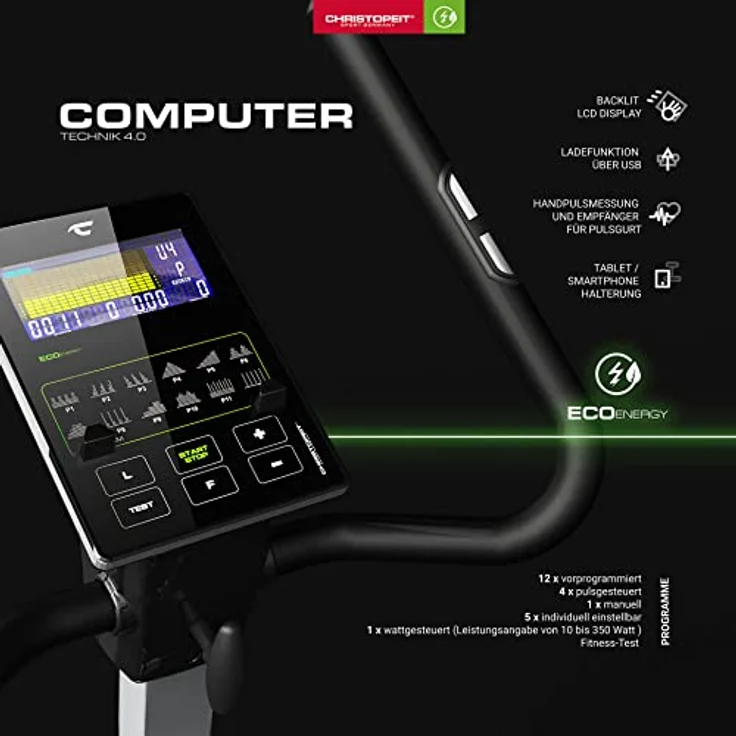 Christopeit Sport Ergometer Heimtrainer Eco 1000 - Generator, Magnet-Bremssystem, USB, Kinomap-App, bis 150kg Gewicht – Bild 4