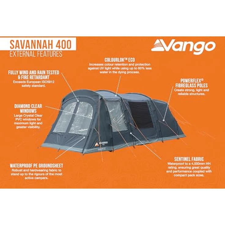 Vango Savannah 400, 4-Personen Zelt mit integriertem Vorzelt, 4000 mm Wassersäule, King Size Midnight Bedrooms, inkl. Zeltbodenschutz – Bild 6