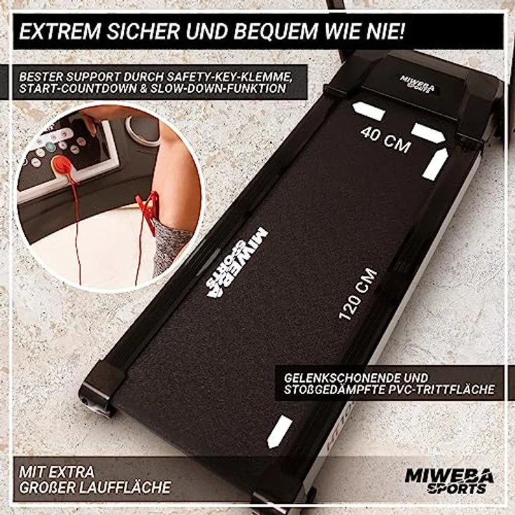 Miweba Sports elektrisches Laufband HT1000 | 3,5 PS - 16 Km/h - Incline 6% - Traglast 120 Kg - Klappbar - 12+4 Laufprogramme - Smartphone Tablet Halterung - Große Lauffläche (Schwarz) – Bild 5