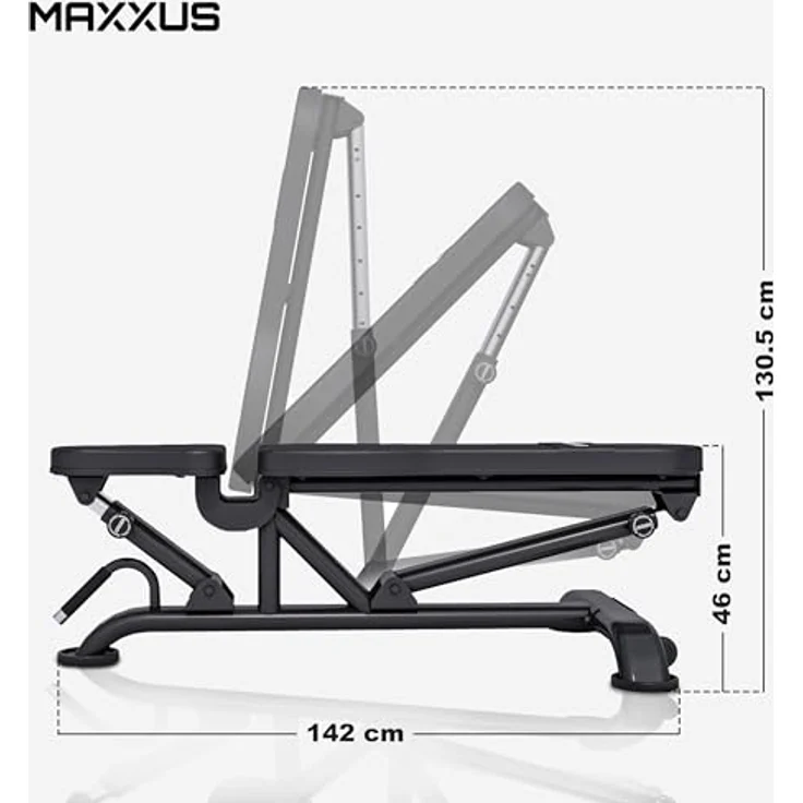 MAXXUS Universal Trainingsbank PRO - 8-fach verstellbare Rückenlehne, 3-fach verstellbarer Sitz, bis 300kg belastbar - Hantelbank, Schrägbank, Negativbank, Multifunktions Fitnessbank, Flachbank, Bankdrücken, Zuhause – Bild 5