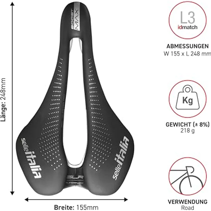 Selle Italia Max SLR Boost Superflow, Fahrradsattel mit TI316 Rail, 155 mm Breite, Druckentlastungssystem – Bild 6