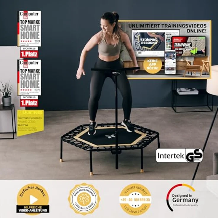 SportPlus Fitness Trampolin für zuhause, mit Haltestange (5-Fach höhenverstellbar), weiche Gummiseilfederung, sehr leise & bis 130 kg belastbar – Bild 3