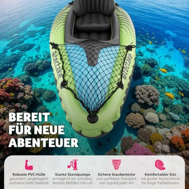 tectake® Aufblasbares Kajak Boot, 1-Personen Paddelboot mit Doppelpaddel, Sitz, Pumpe und Transporttasche, robustes PVC, spurtreue Finnen, ideal für Wassersport und Angeln – Bild 4