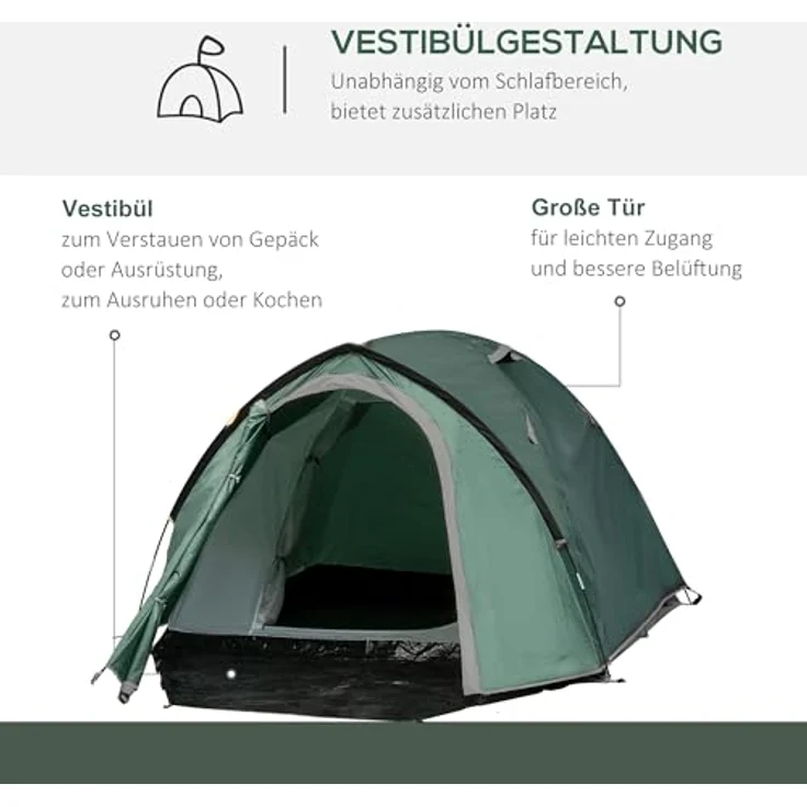 Outsunny Kuppelzelt für 2 Personen, 190T Campingzelt mit separatem Vorraum und Stabilitäts-Design, grau, 325 x 183 x 130 cm – Bild 3