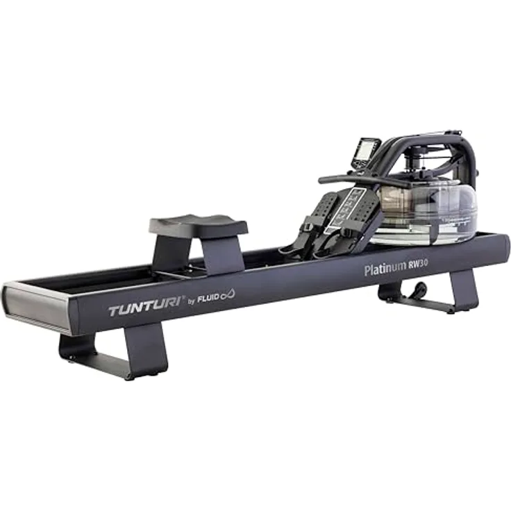 Tunturi Platinum RW30 Rudertrainer - Rudergerät mit XL-Wasserbehälter und 10 Widerstandsstufen - Bluetooth-Monitor - Premium-ergonomischer Griff - Doppelschienensystem - Stahl- und Aluminiumrahmen
