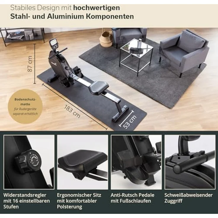 Skandika Rudergerät Munin | Rudergerät für zuhause, klappbar, 16-stufiger Magnetwiderstand, 8 kg Schwungmassensystem, Kinomap App kompatibel | Fitnessgerät (schwarz) – Bild 3