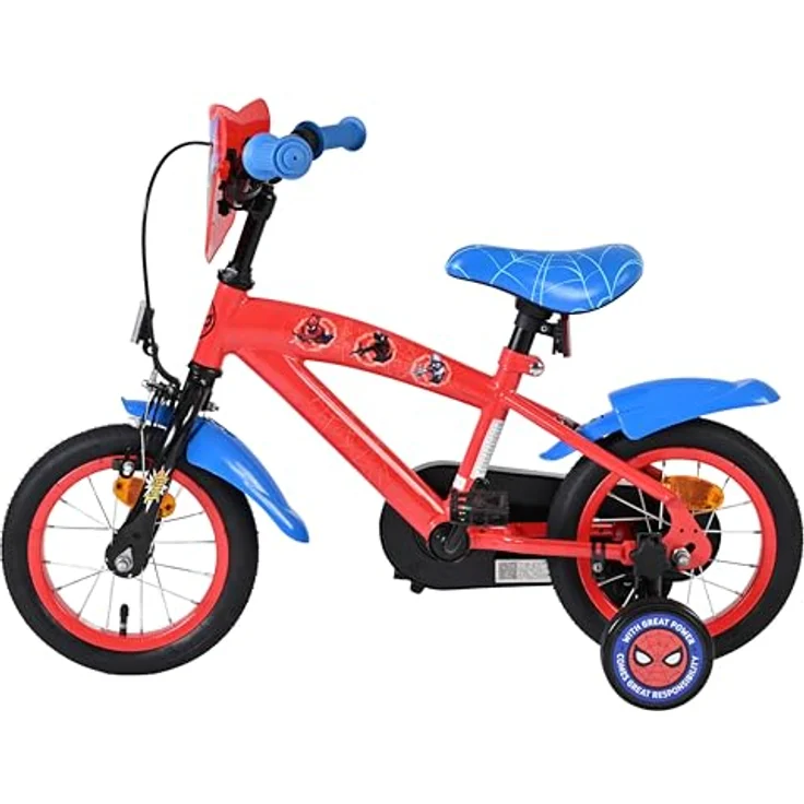 Volare Spider-Man Kinderfahrrad, 12 Zoll mit Handbremse, Rücktrittbremse, abnehmbaren Stützrädern, Blau/Rot – Bild 14