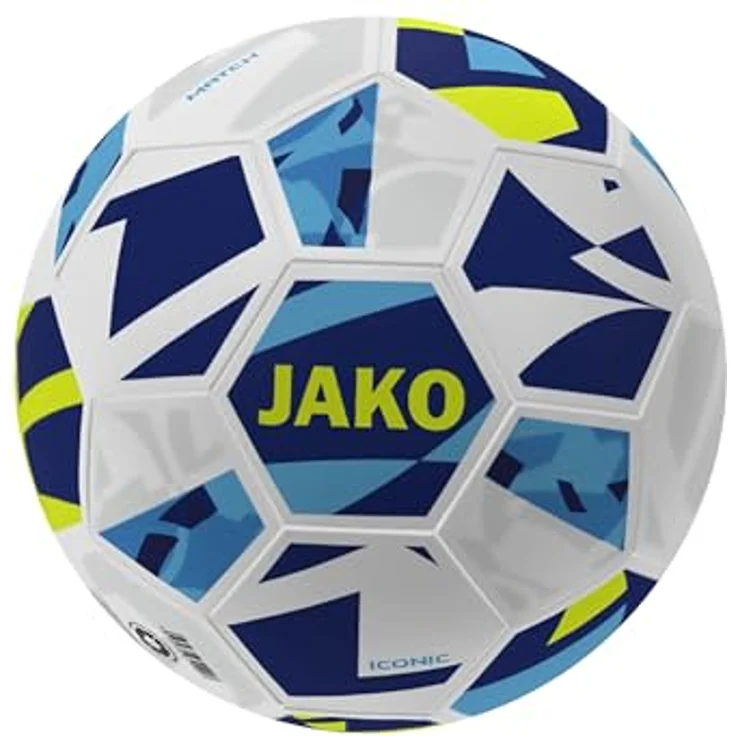 JAKO Spielball Iconic Größe 4, FIFA BASIC-zertifiziert, weiß/Navy/Neongelb, langlebig mit Hybrid-Technologie – Bild 1