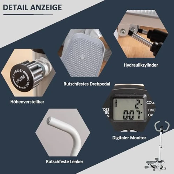 HOMCOM Stepper mit Handgriff, Fitness Heimtrainer für Bein- und Po-Training, LCD-Bildschirm, einstellbare Geschwindigkeit, Metall und ABS, Weiß+Grau, 55 x 53 x 118-128 cm – Bild 3