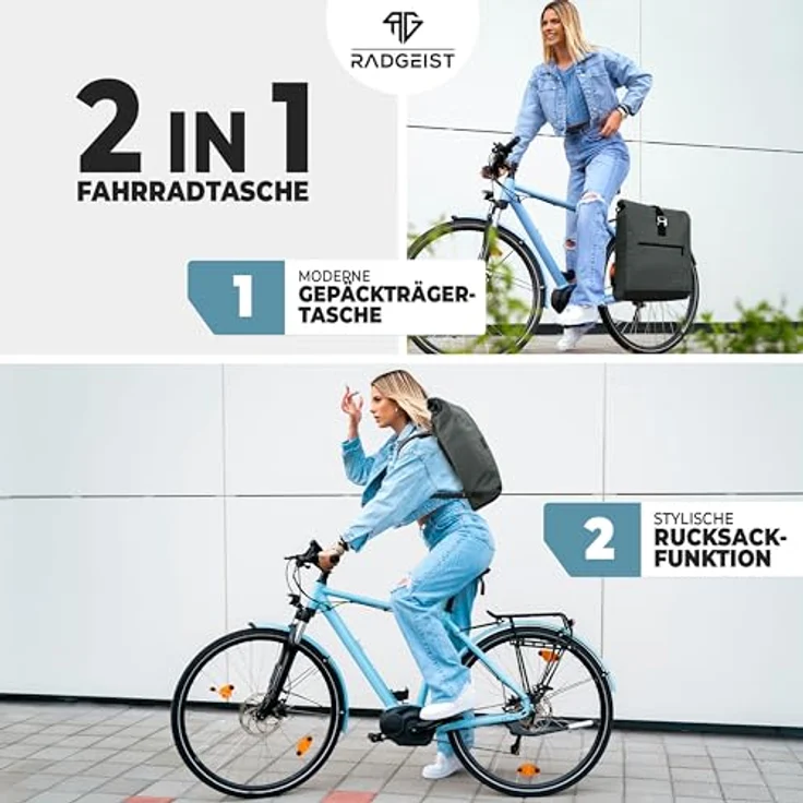 RADGEIST Fahrradtasche für Gepäckträger, 20L Umhängetasche & Rucksack in Anthrazit, wasserdichtes Frontfach, Laptopfach, reflektierende Elemente – Bild 2