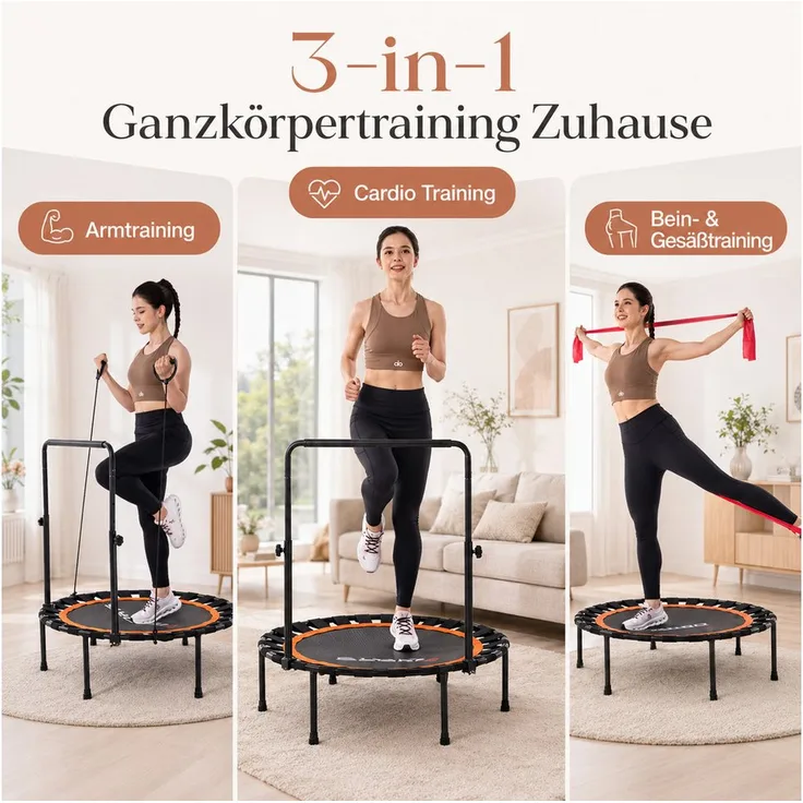 CITYSPORTS Fitnesstrampolin Mini-Trampolin, höhenverstellbar mit Haltegriff, Ø101cm, elastisches Bandsystem, Schwarz/Orange