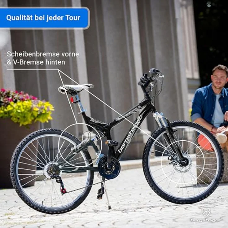 Bergsteiger Buffalo 26 Zoll Mountainbike, vollgefedert, 18 Gang-Schaltung, Scheibenbremse, geeignet ab 155 cm, Licht, Schutzblech – Bild 4