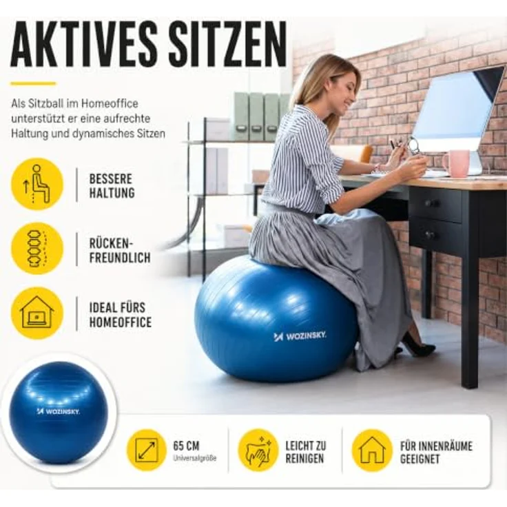 Wozinsky WGB65BL Gymnastikball, 65 cm, Blau, matten Oberfläche, belastbar bis 125 kg, inklusive Pumpe und Zubehör – Bild 6