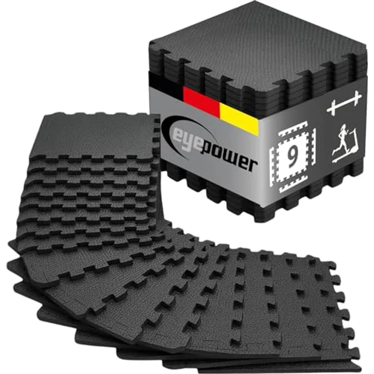 EYEPOWER Bodenschutzmatte Fitness mit Rand, 9 Puzzlematten 30x30 cm in Schwarz, Vibration- und Schallschutz, 0,8 qm für Homegym und Fitnessgeräte