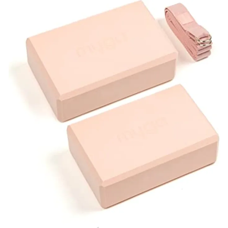Myga Yoga Zubehör Set, 2 Rutschfeste Yoga Blöcke & Verstellbarer Yoga Gurt (Rosa), Unterstützung für Anfänger & Fortgeschrittene, Leicht & Tragbar