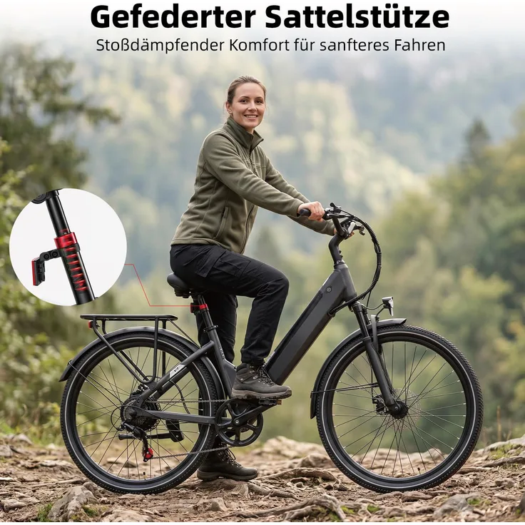 PiXELPiLOT 26 Zoll E-Bike Citybike, 250W Heckmotor, 36V 14,5Ah Akku, Shimano 7-Gang, bis 75 km Reichweite, Scheibenbremsen, Federung