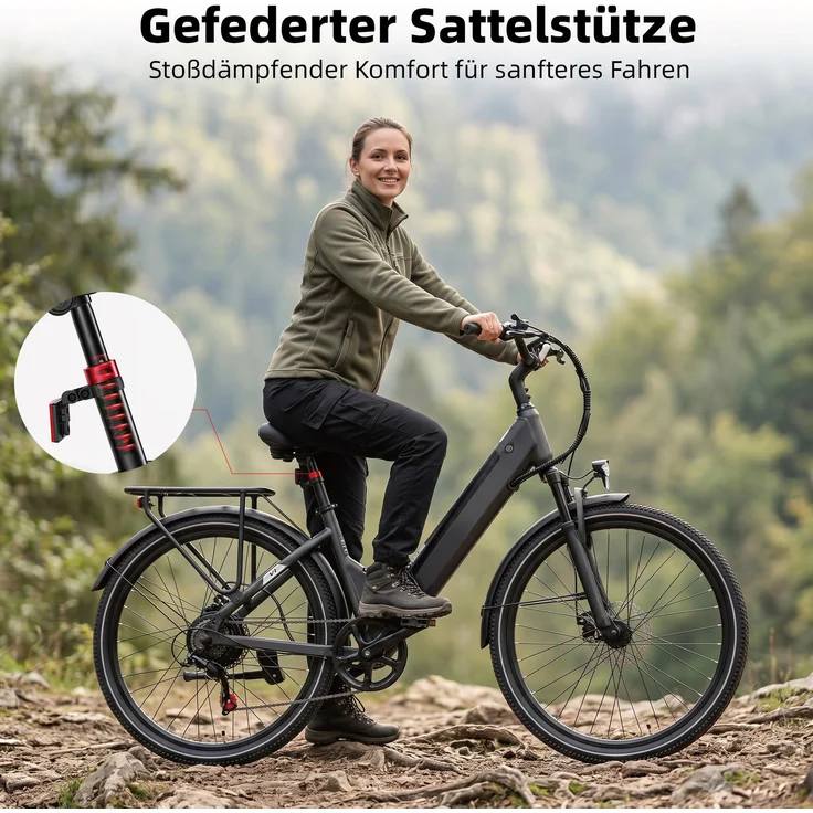 PiXELPiLOT 26 Zoll E-Bike Citybike, 250W Heckmotor, 36V 14,5Ah Akku, Shimano 7-Gang, bis 75 km Reichweite, Scheibenbremsen, Federung