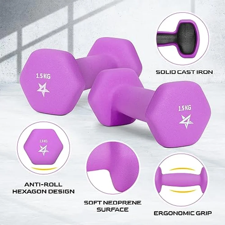 Yes4All N3JA Hex Neopren Hanteln Set Gewichte für Krafttraining Yoga Pilate - Kurzhanteln 2er set, Dumbbells Set für Frauen Männer, 1.5 kg hanteln 2 er set, lila – Bild 3