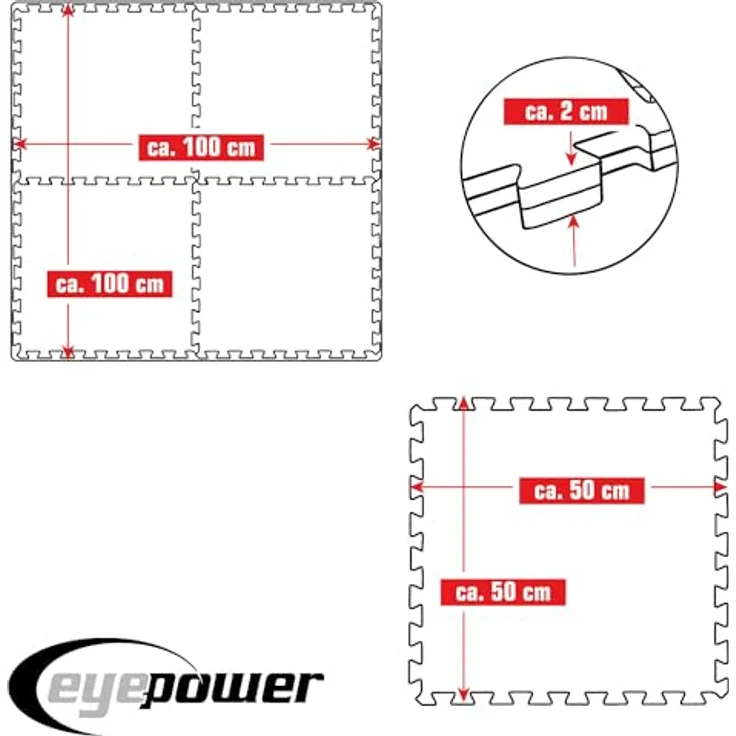 EYEPOWER Extra dick 2cm Fitnessmatte, 4er Set 50x50cm, schalldämmende Unterlegmatte für Hantelbank und Fitnessgeräte, wendbar in zwei Farben, EVA Puzzlematte für Homegym und Schutzmatte – Bild 5